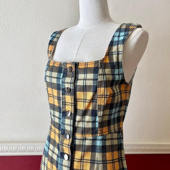 Urban Outfitters Button Down Denim Mini Dress Blue & Yellow Plaid Womens 6 Retro - Picture 5 of 8